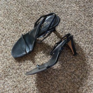 Gucci Black Leather Strappy Lace Tie Up Sandals Shoes Metal Heels 6 US 36 C